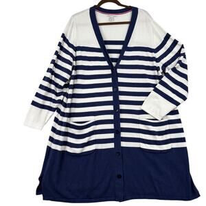 Isaac Mizrahi Live Cardigan Sweater 3X Blue White Stripe Pockets Buttons Tunic